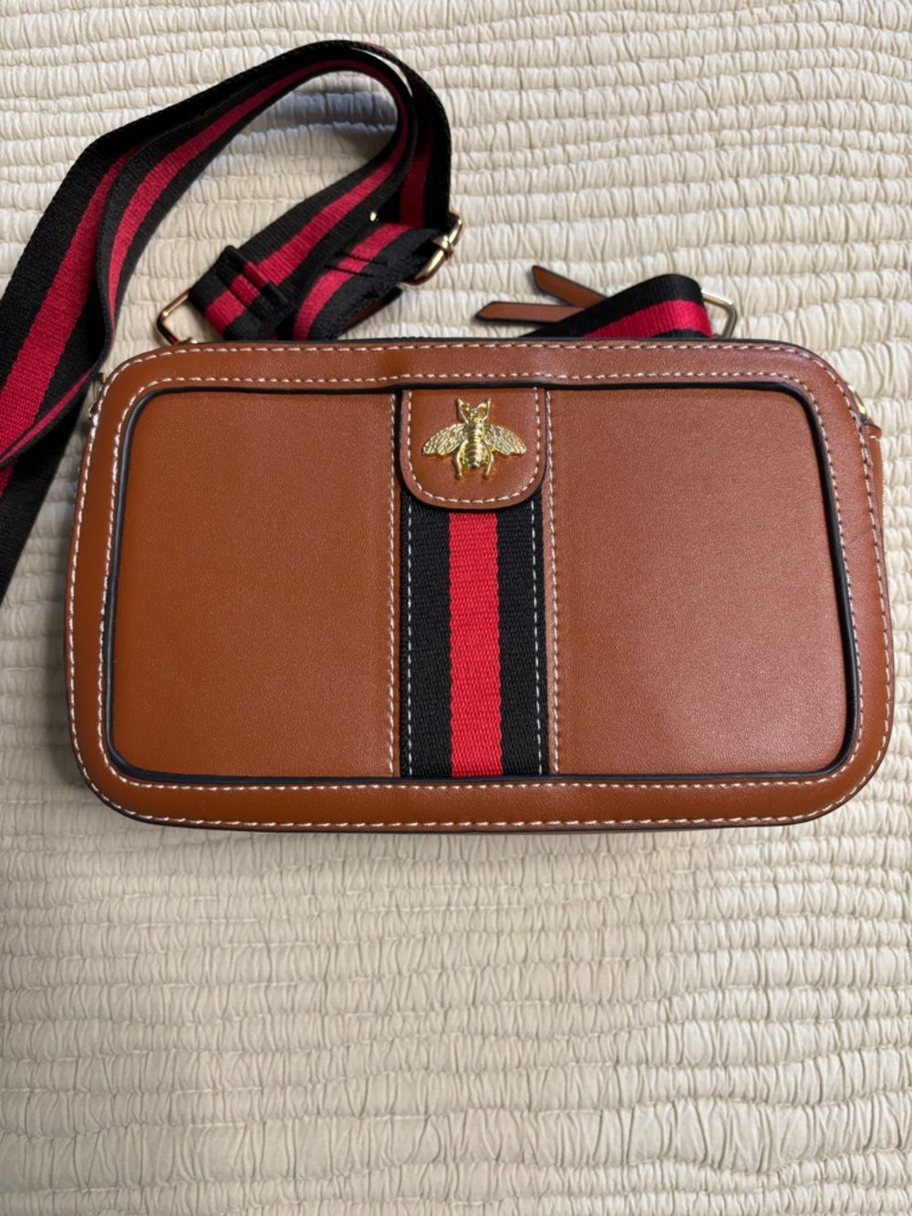 Crossbody Bag with gold bee and Red and Black Stripe